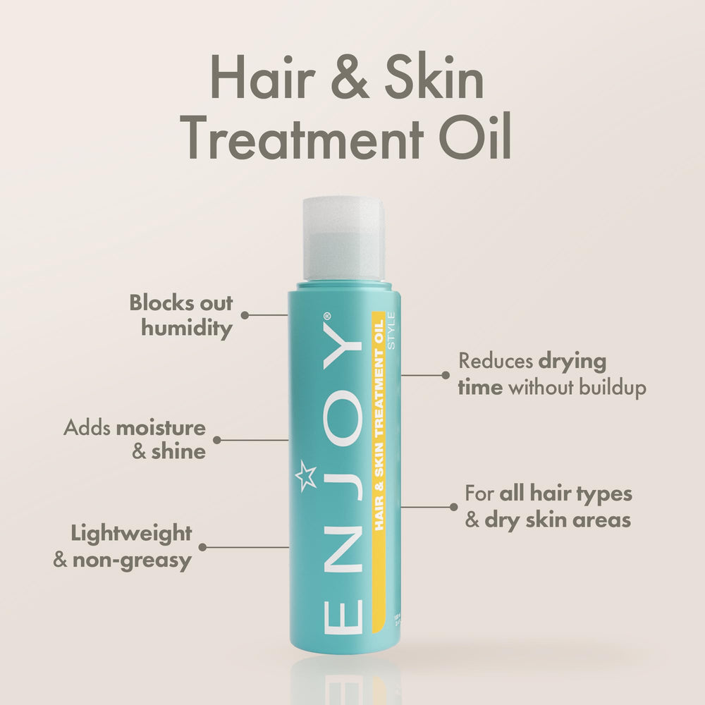 Enjoy Hair & Skin Treatment Oil bottle dispensing shows easy, mess-free use.