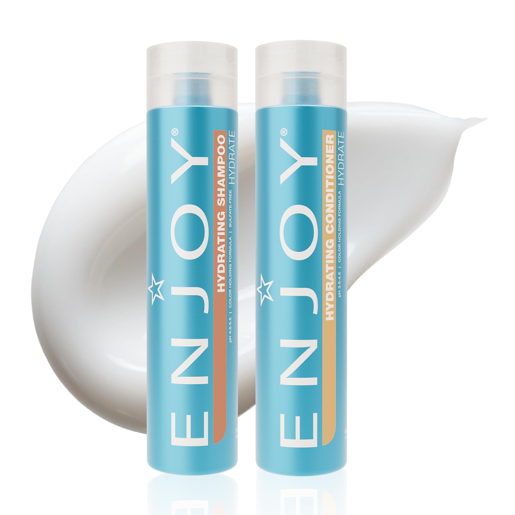 Enjoy Hydrating Shampoo bottle pour demonstrates gentle cleansing and lightweight moisture.