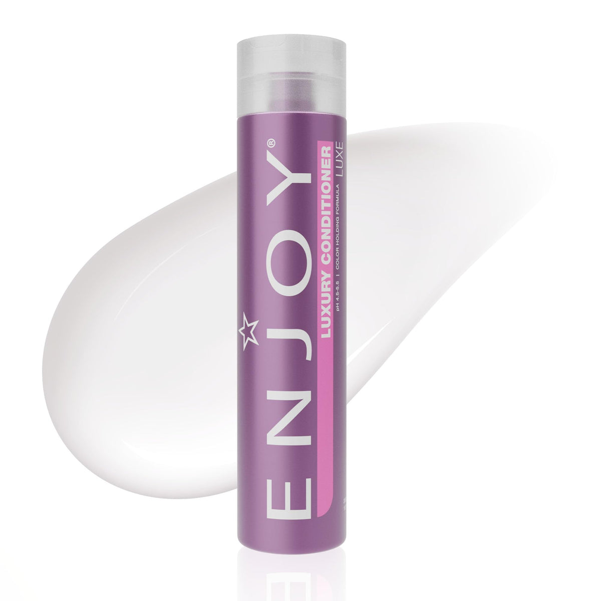 Enjoy Luxury Conditioner bottle pour shows frizz control and smooth hair texture.