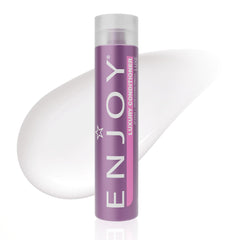Enjoy Luxury Conditioner bottle pour shows frizz control and smooth hair texture.