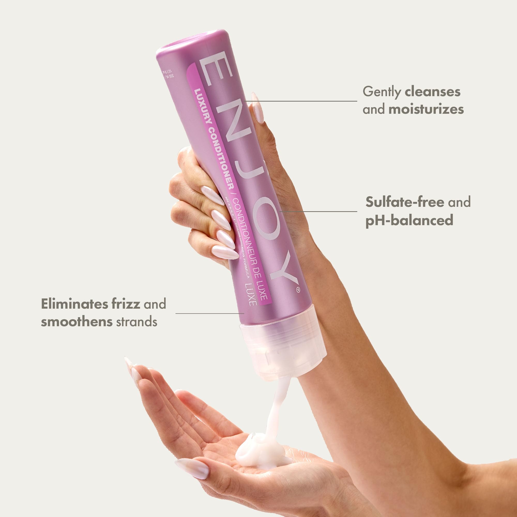 Enjoy Luxury Conditioner hair application demonstrates detangling ease and silky manageability.