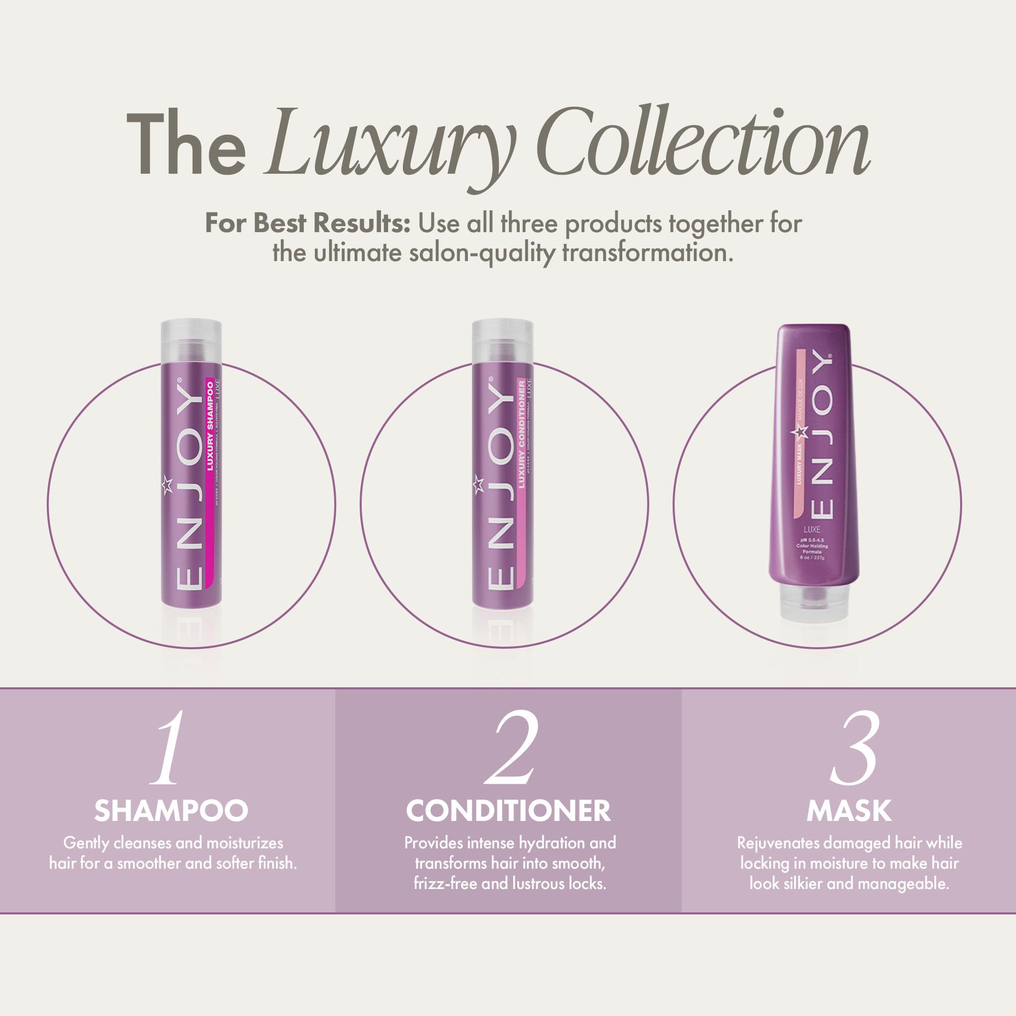 Enjoy Luxury Conditioner bottle closeup illustrating smoothing and moisture.