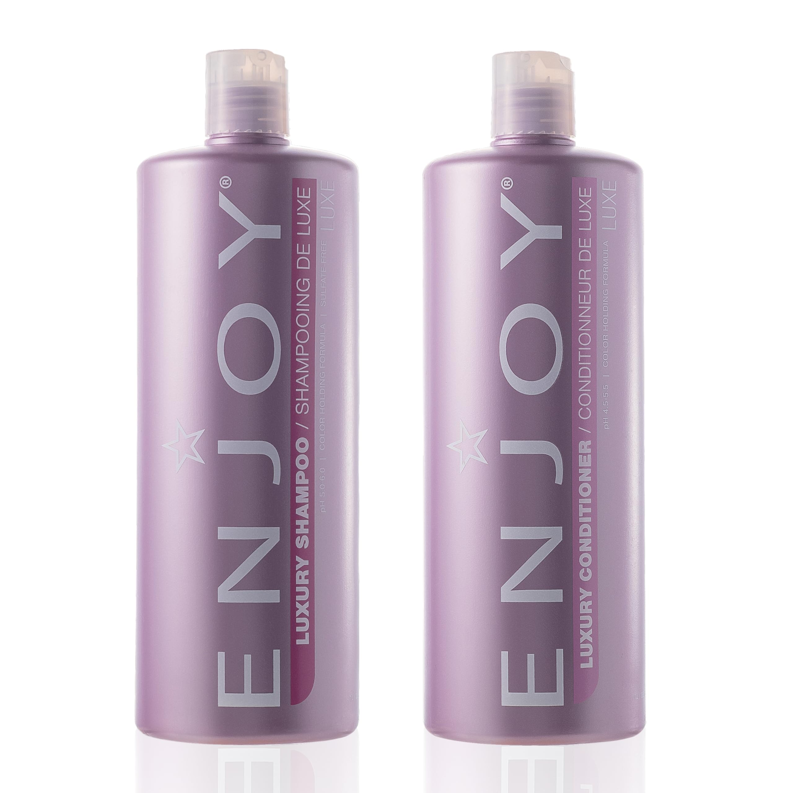 Enjoy Luxury Shampoo bottle pour showing frizz control and shine.