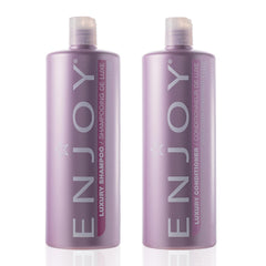Enjoy Luxury Shampoo bottle pour showing frizz control and shine.