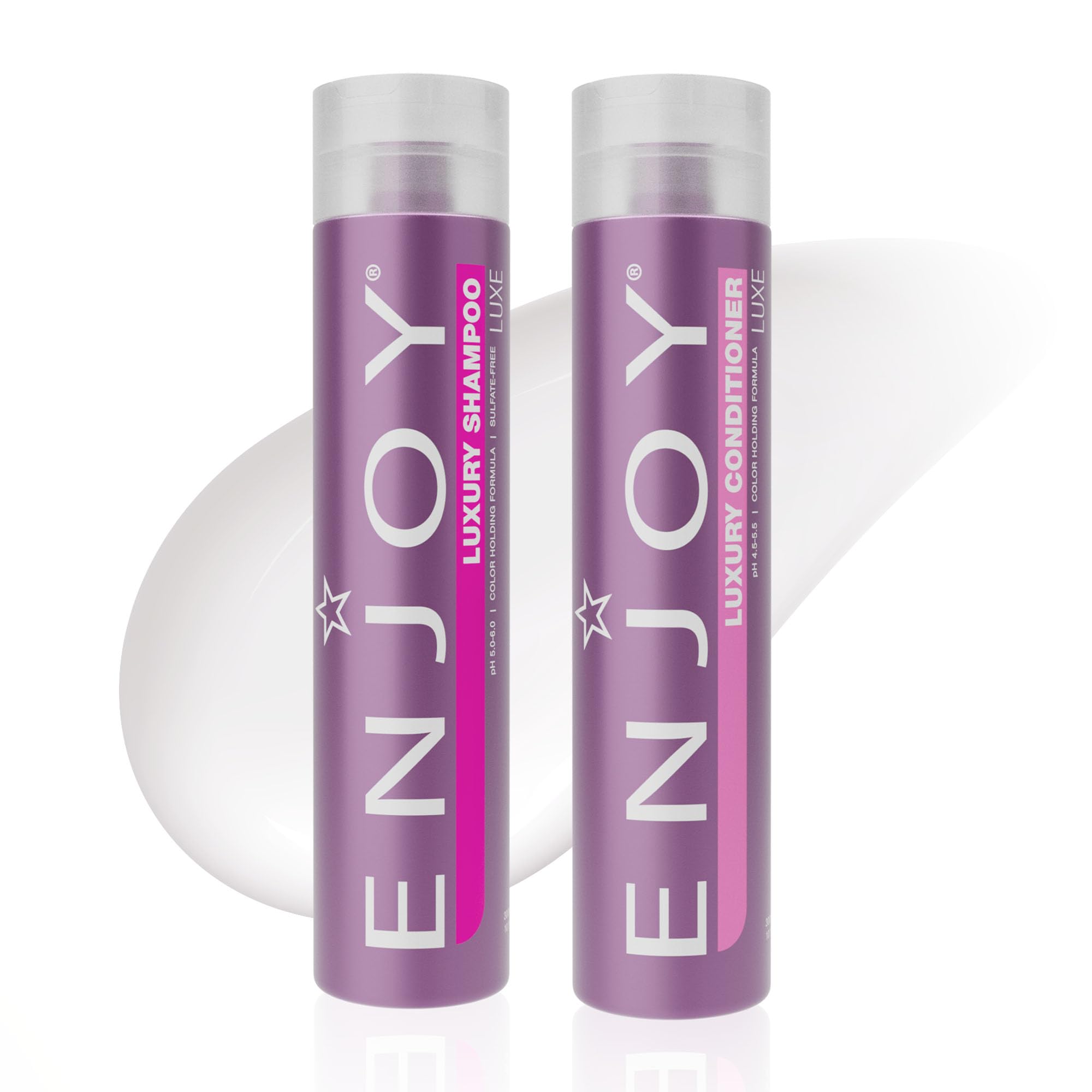 Enjoy Luxury Shampoo bottle pour showing frizz control in action