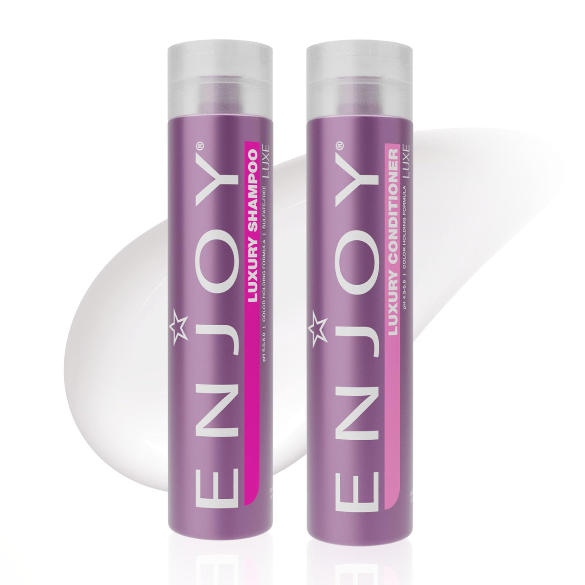 Enjoy Luxury Shampoo bottle pour showing frizz control in action
