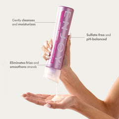 Enjoy Luxury Shampoo lather during application showing frizz reduction and silky smooth strands