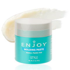 Enjoy Molding Paste bottle closeup highlighting shine-friendly formula for polished looks