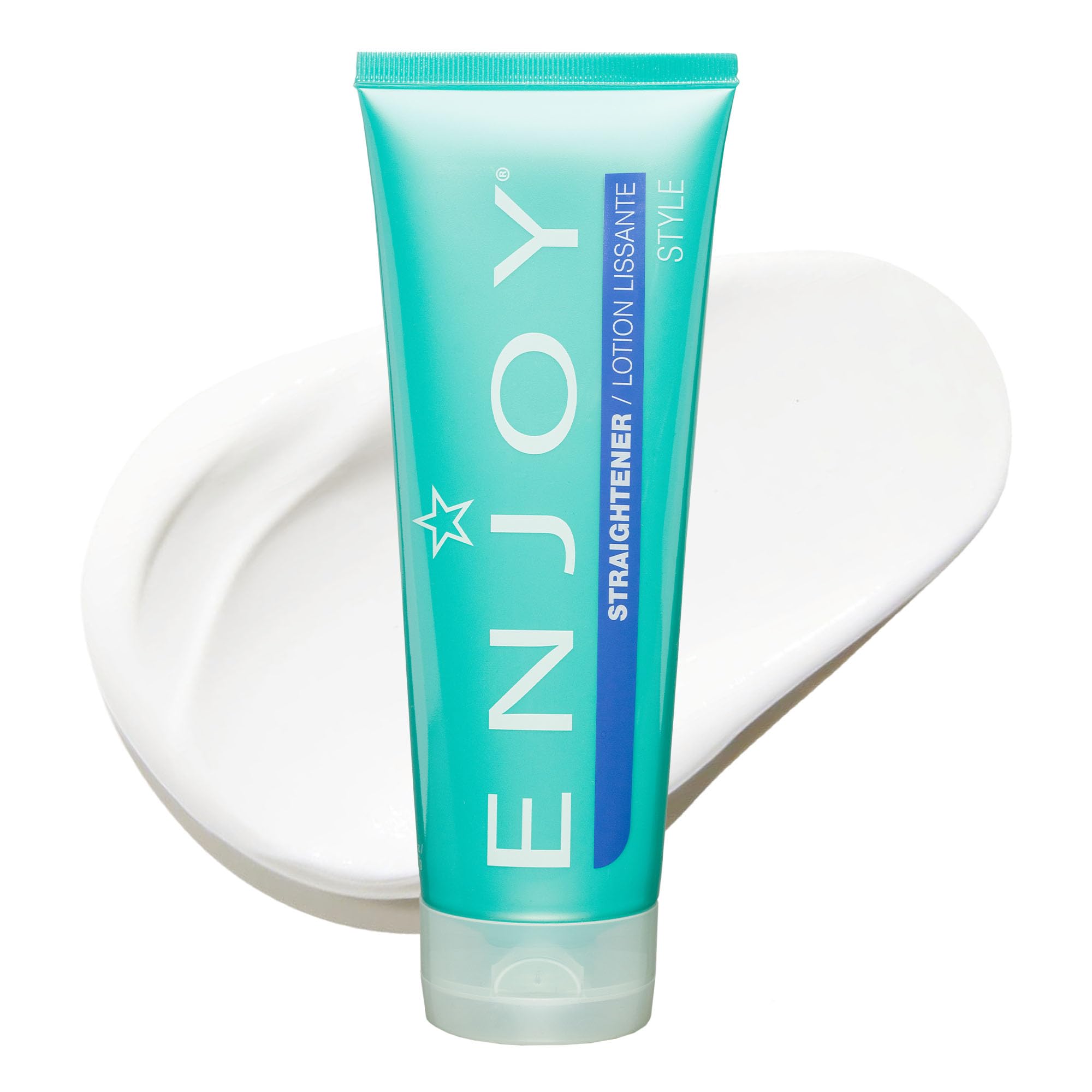 Enjoy Straightener bottle demonstrates smooth, manageable hair.