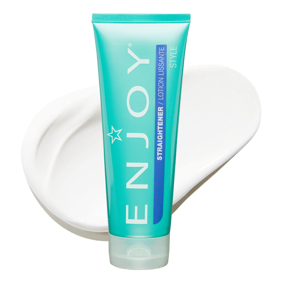 Enjoy Straightener bottle demonstrates smooth, manageable hair.