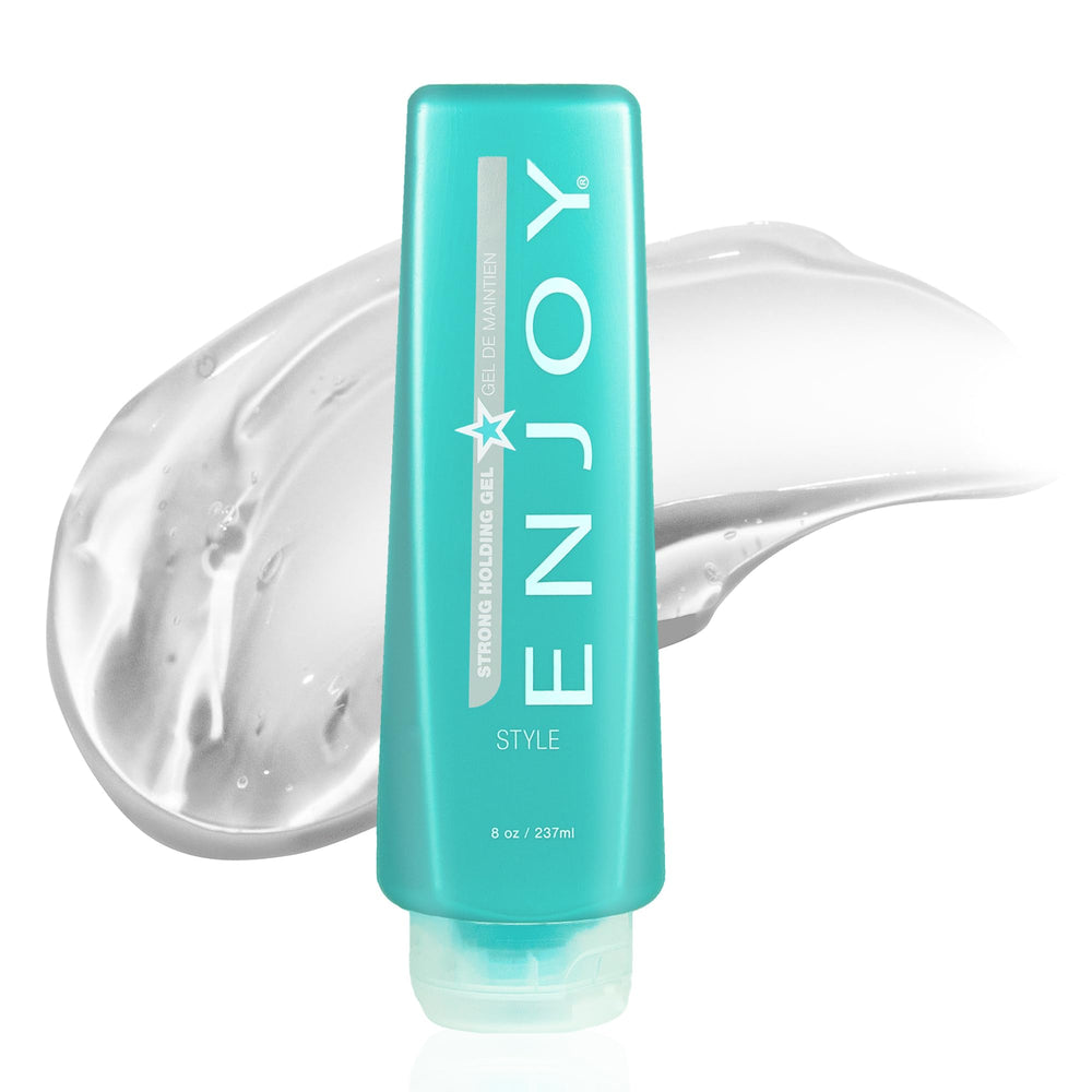 Enjoy Strong Holding Gel packaging shows a bottle for long-lasting style