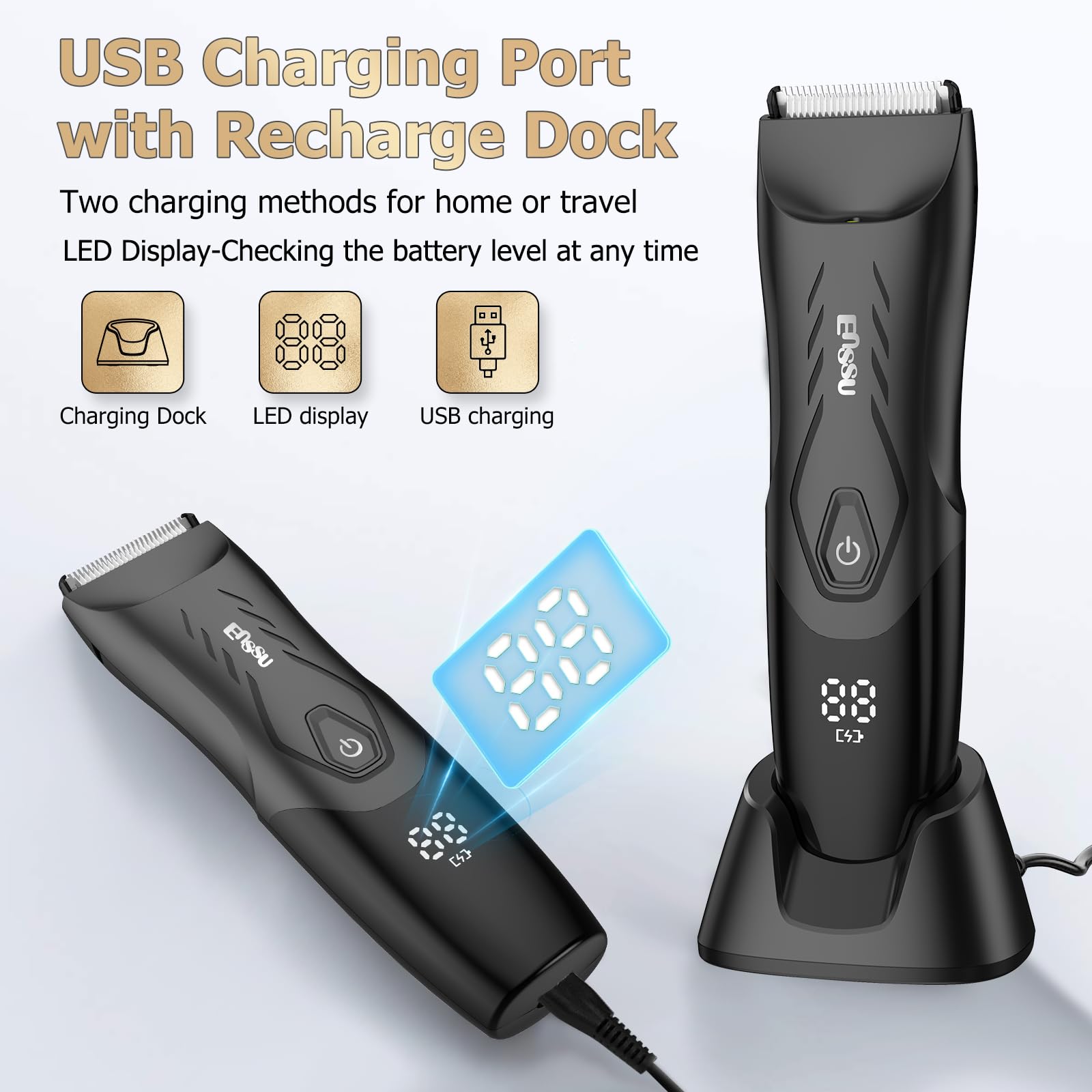 ENSSU Manscape charging dock keeps the trimmer ready between uses.