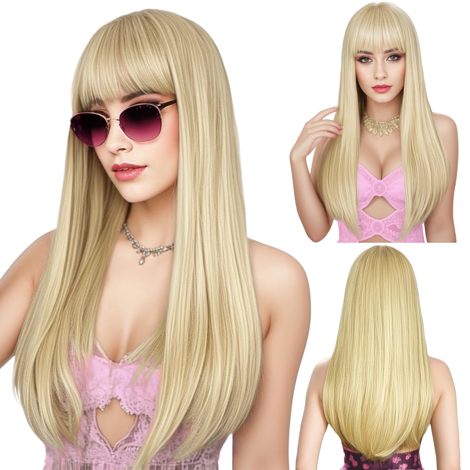 ENTRANCED STYLES blonde wig with bangs front view showing natural hairline and versatile wear.