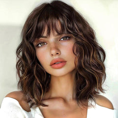 ENTRANCED STYLES brown highlight wig with bangs front view for daily wear and easy styling.