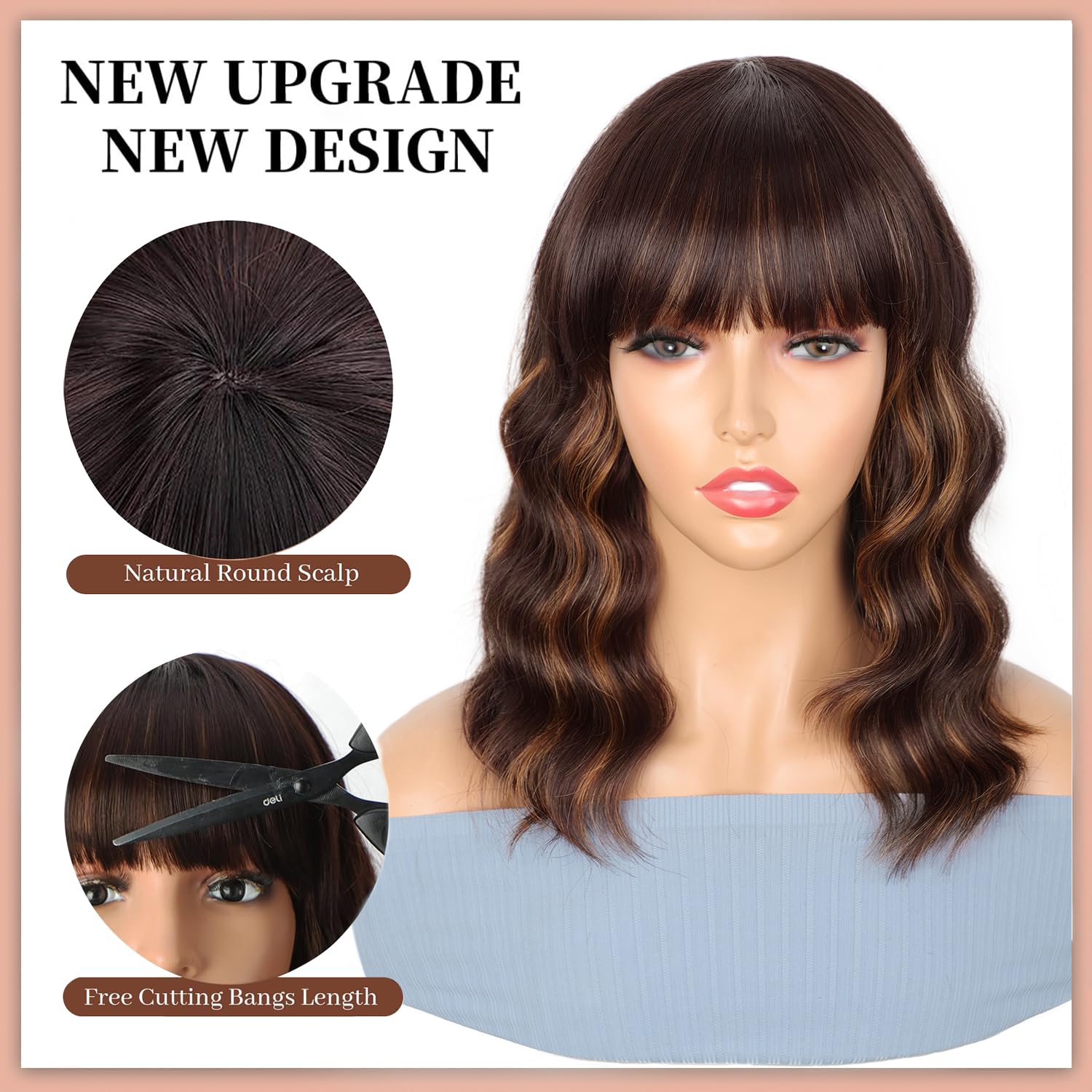 ENTRANCED STYLES brown highlight wig with bangs side view for versatile day-to-night looks.