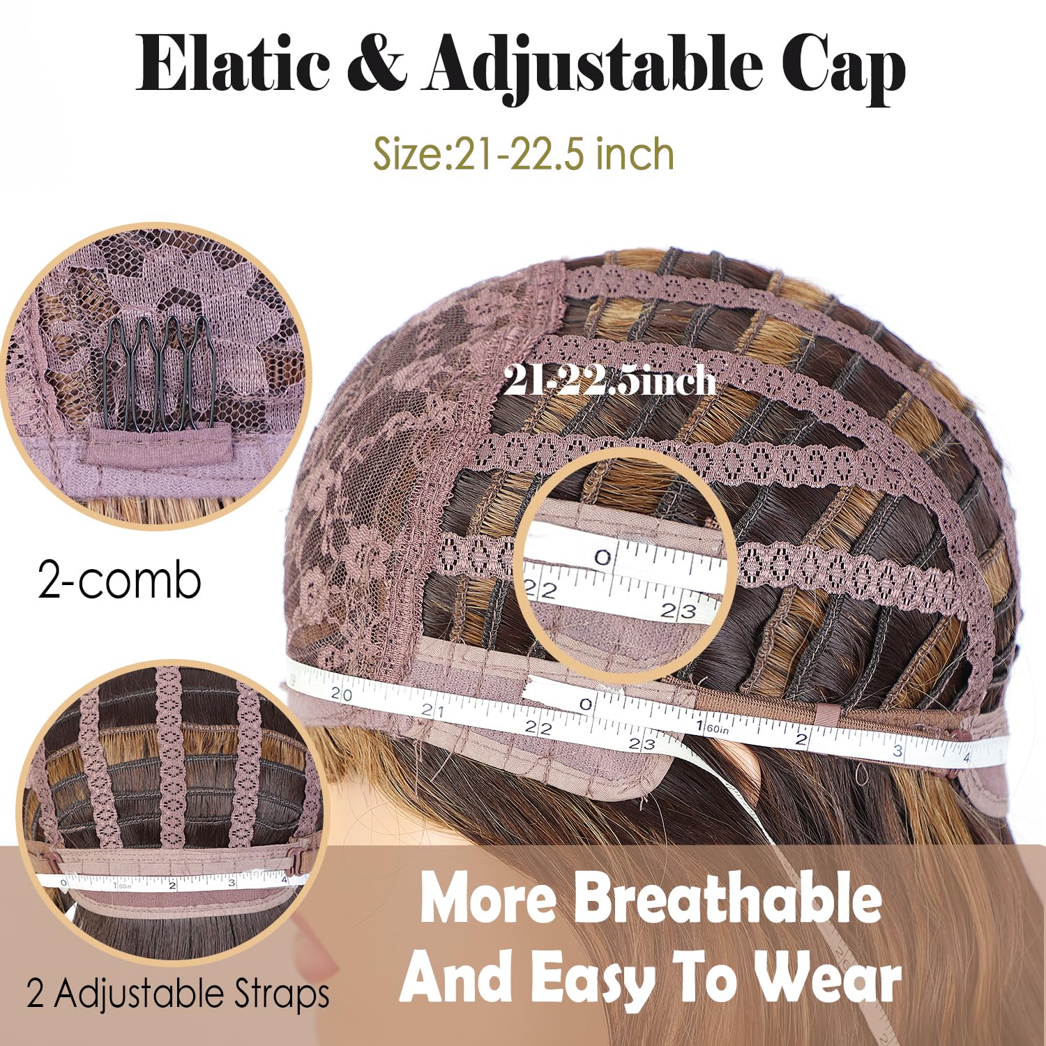 ENTRANCED STYLES brown highlight wig color detail reveals reddish-brown shade for daily fashion.