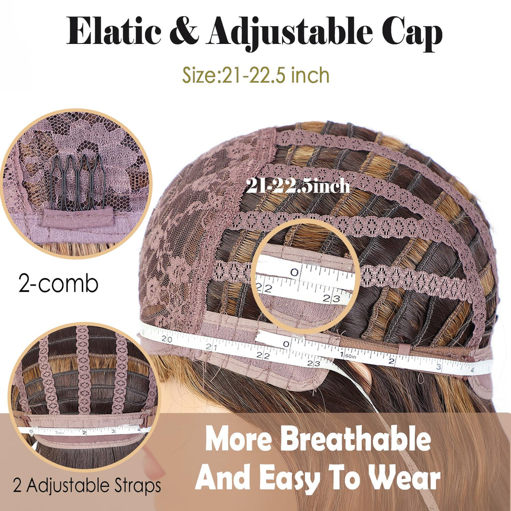 ENTRANCED STYLES brown highlight wig color detail reveals reddish-brown shade for daily fashion.
