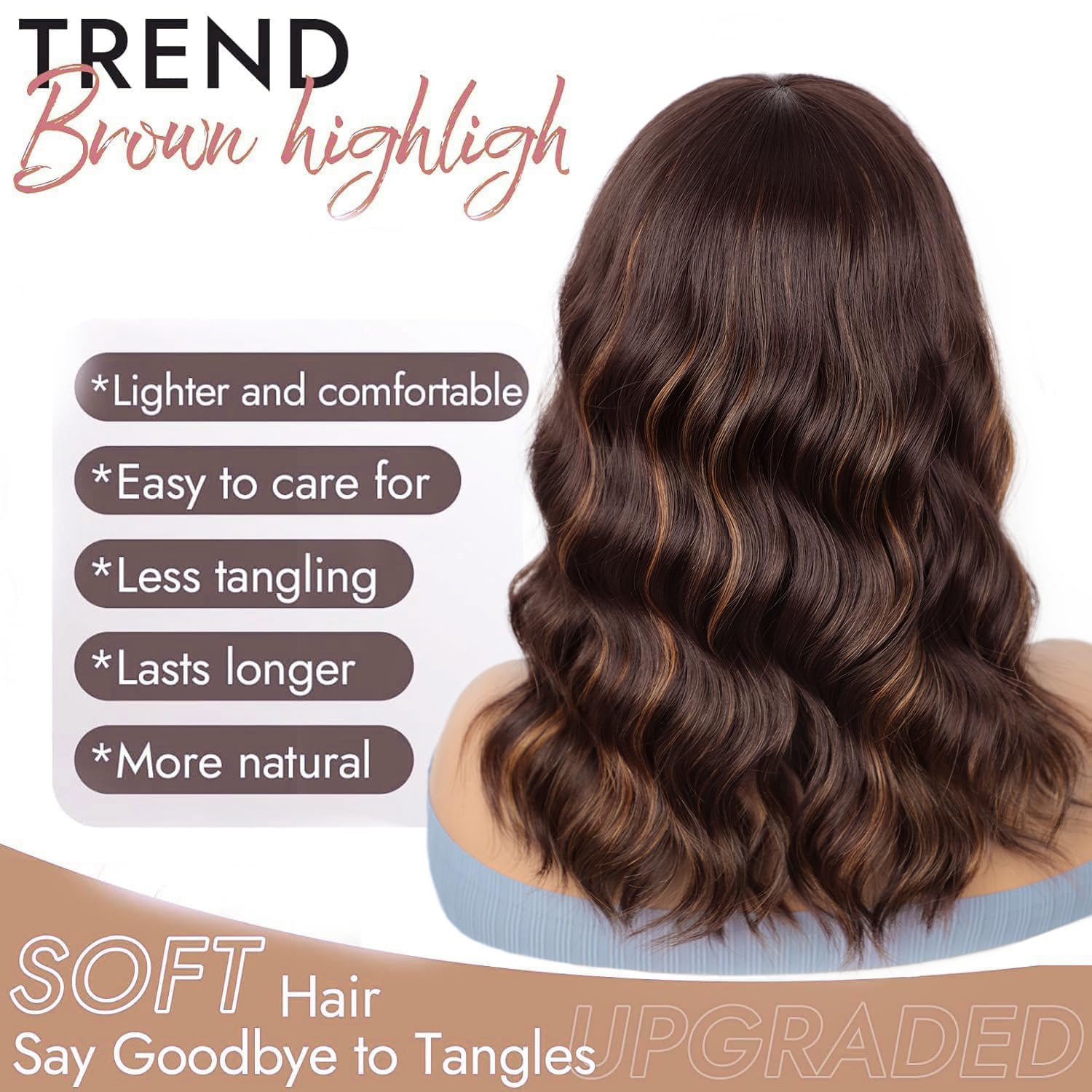 ENTRANCED STYLES brown highlight wig wavy bob close-up shows silky fiber and natural sheen.