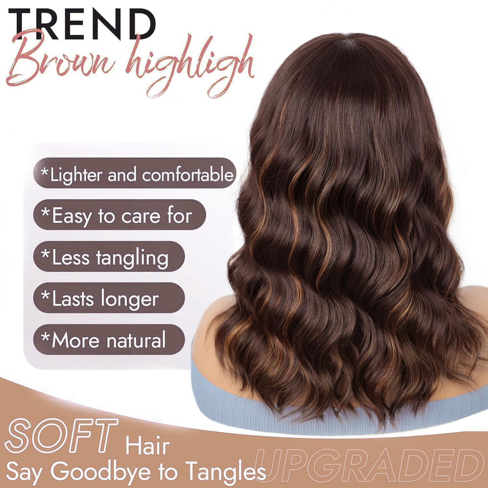 ENTRANCED STYLES brown highlight wig wavy bob close-up shows silky fiber and natural sheen.