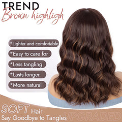ENTRANCED STYLES brown highlight wig wavy bob close-up shows silky fiber and natural sheen.