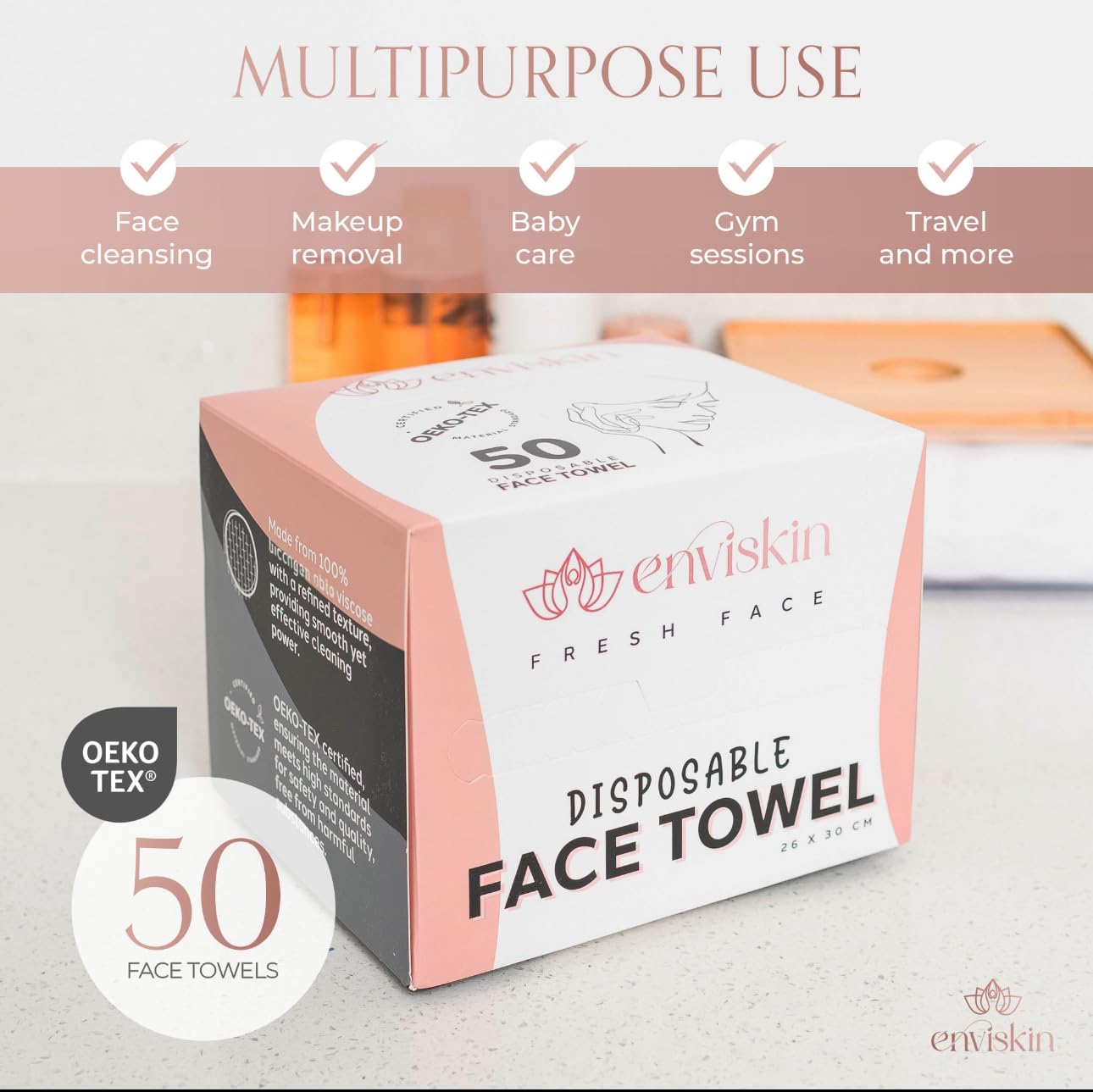 Enviskin 50 disposable face towels for hygienic makeup removal on the go