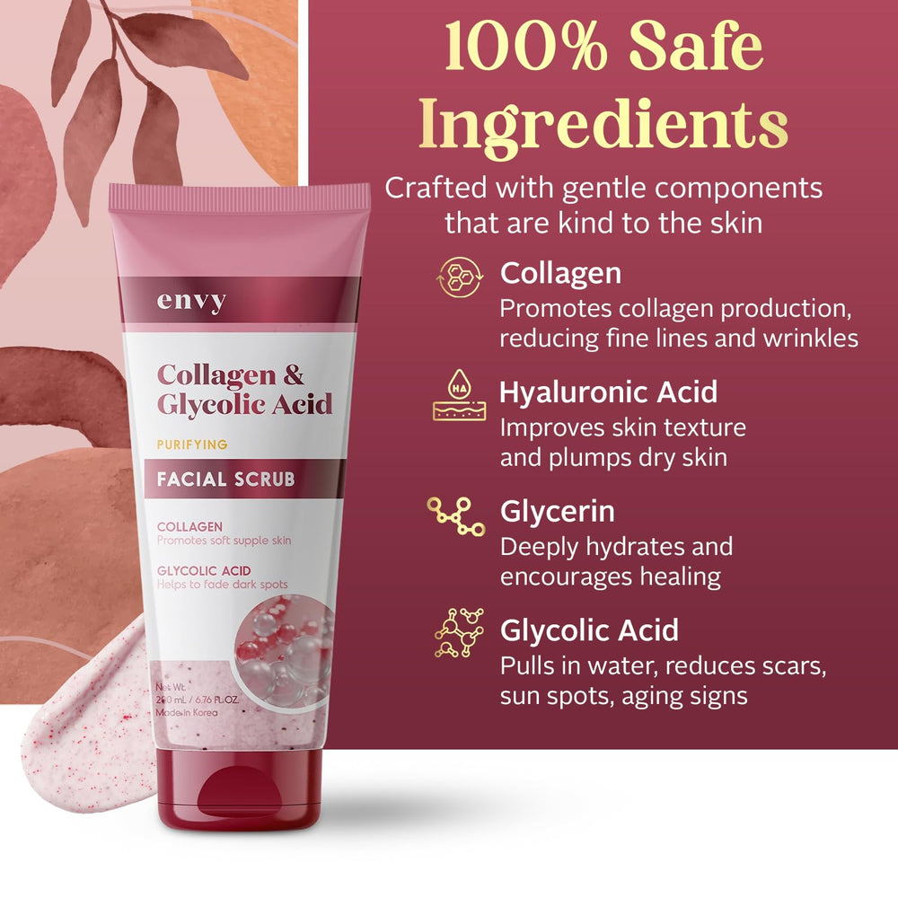 Applying Envy Collagen & Glycolic Scrub for even exfoliation and refreshed complexion