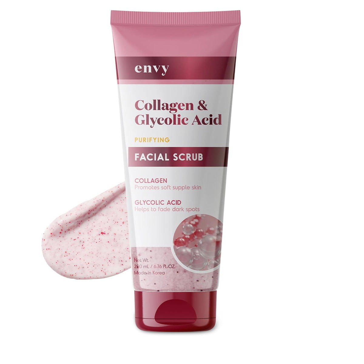 Envy Collagen & Glycolic Face Scrub packaging highlights clean design for daily use