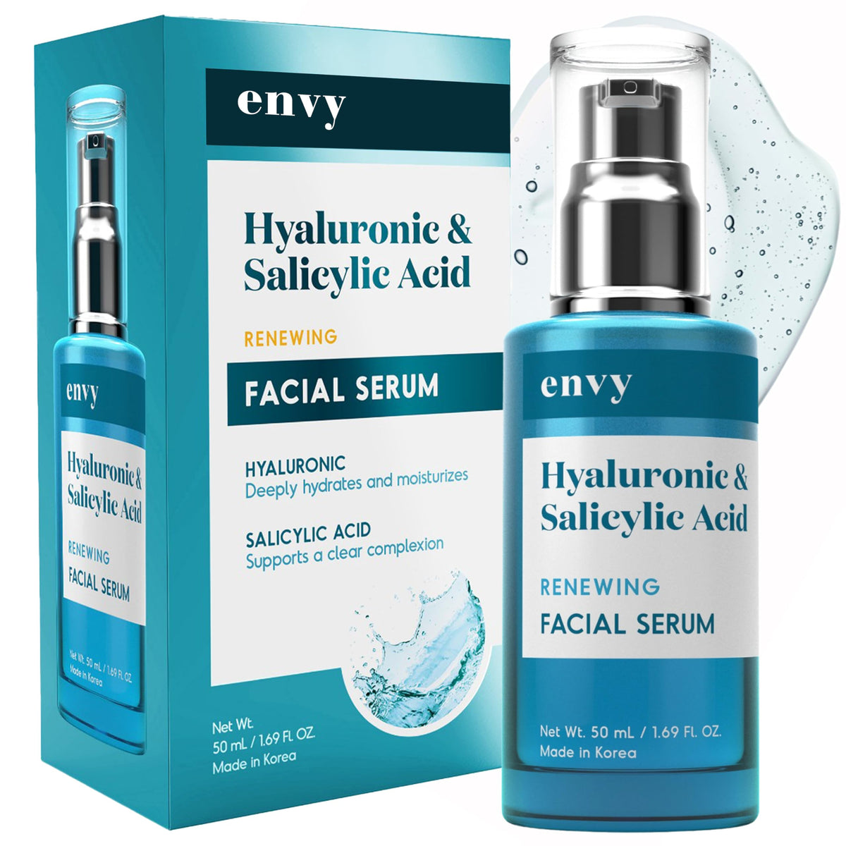 Envy Hyaluronic Serum bottle front with premium packaging for hydration boost.