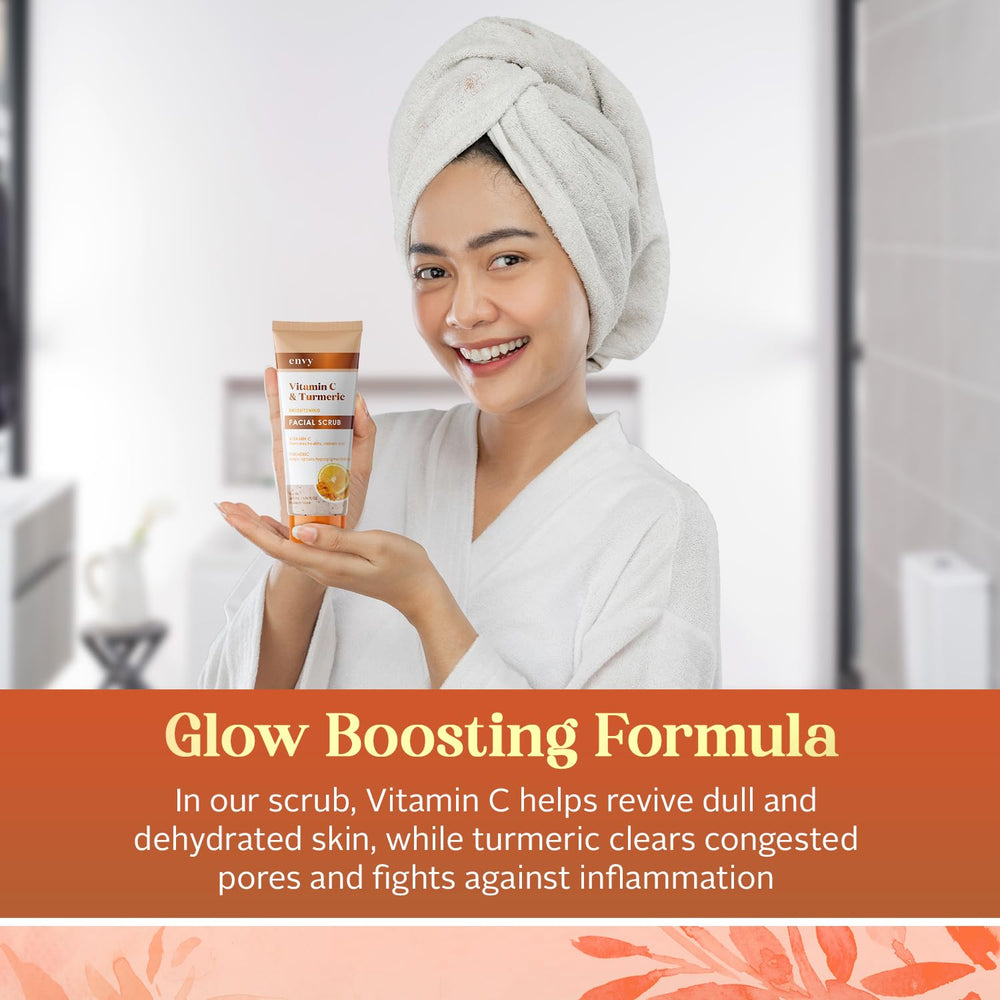 Envy Vitamin C and Turmeric Face Scrub dispense action demonstrates easy, controlled application.
