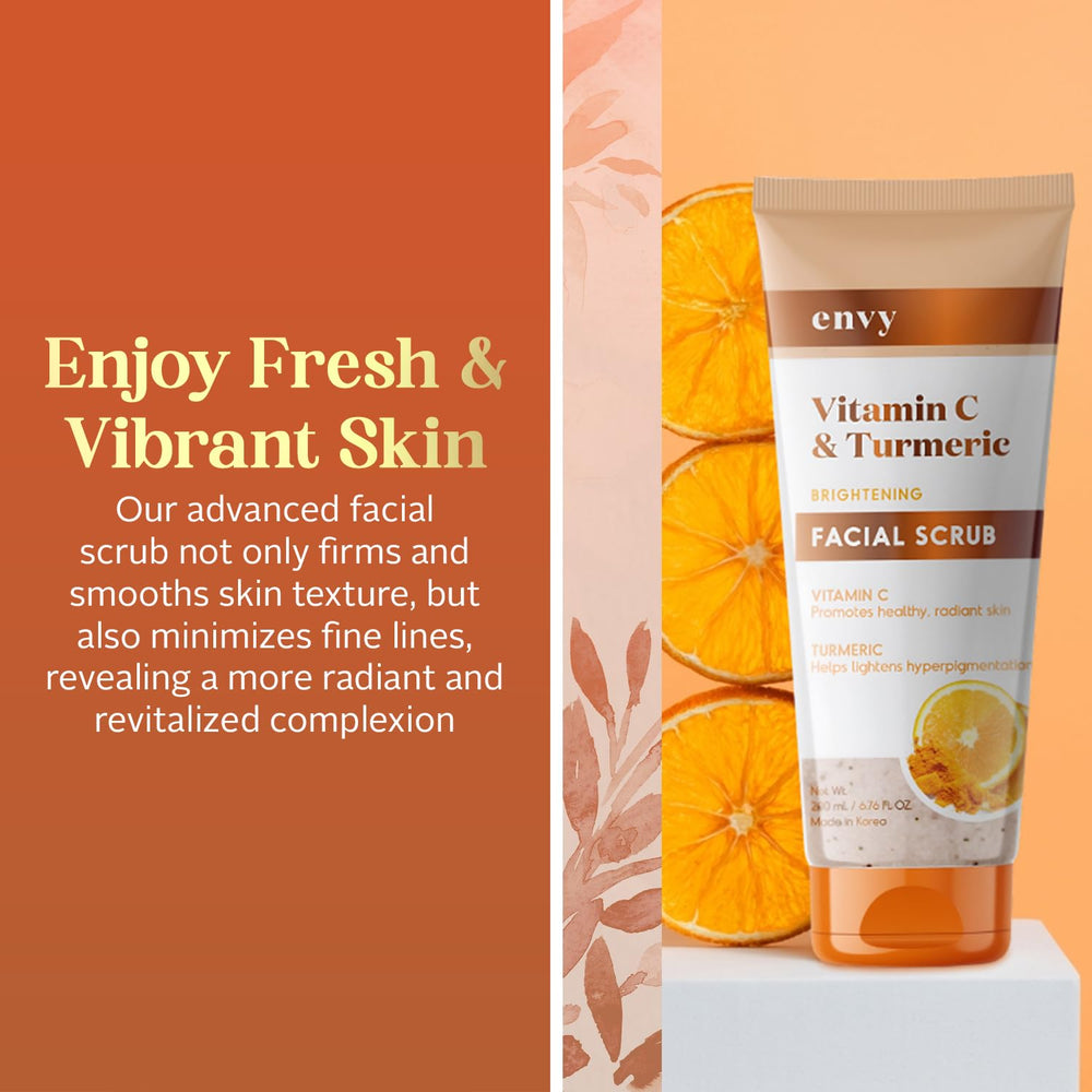 Envy Vitamin C and Turmeric Face Scrub texture closeup reveals gentle exfoliation for radiant skin.