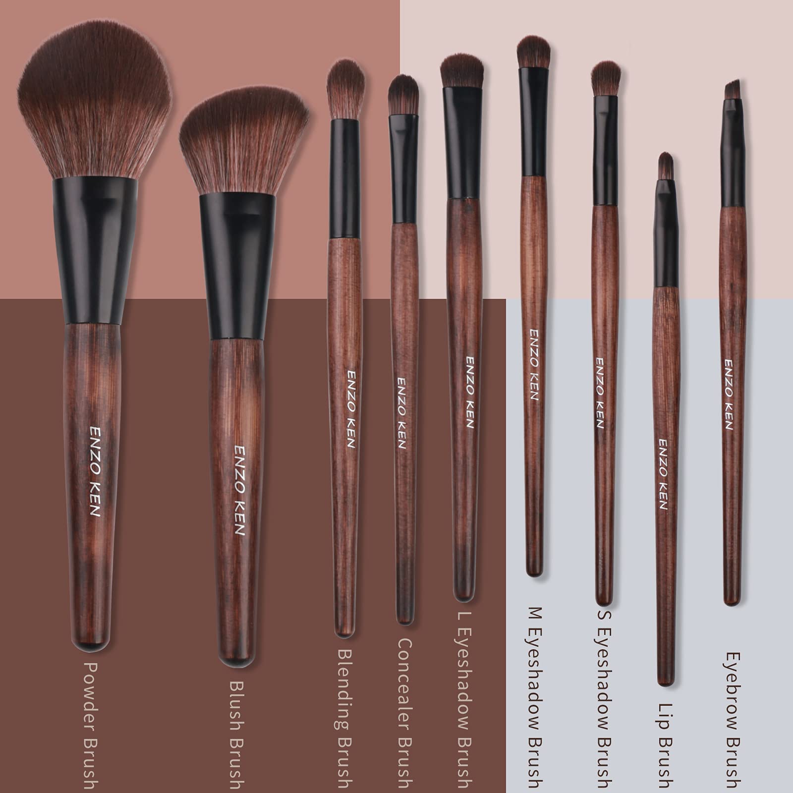 ENZO KEN brown makeup brush kit with bag for travel organization.