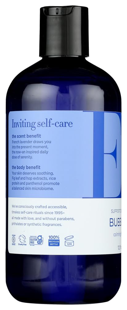 EO Bubble Bath Serenity French Lavender bubbles close-up emphasizes long-lasting foam for pampering skin.