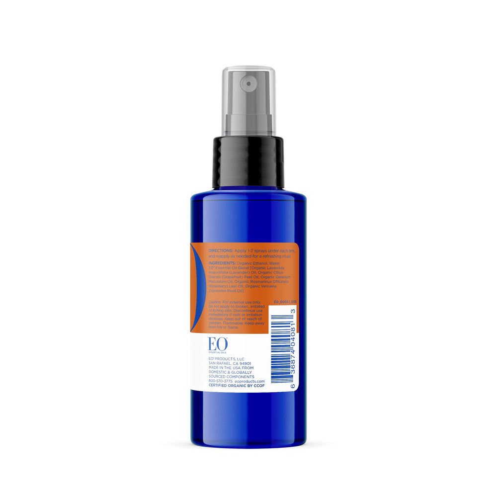 EO Organic Deodorant Spray citrus bottle in bathroom setting for daily use