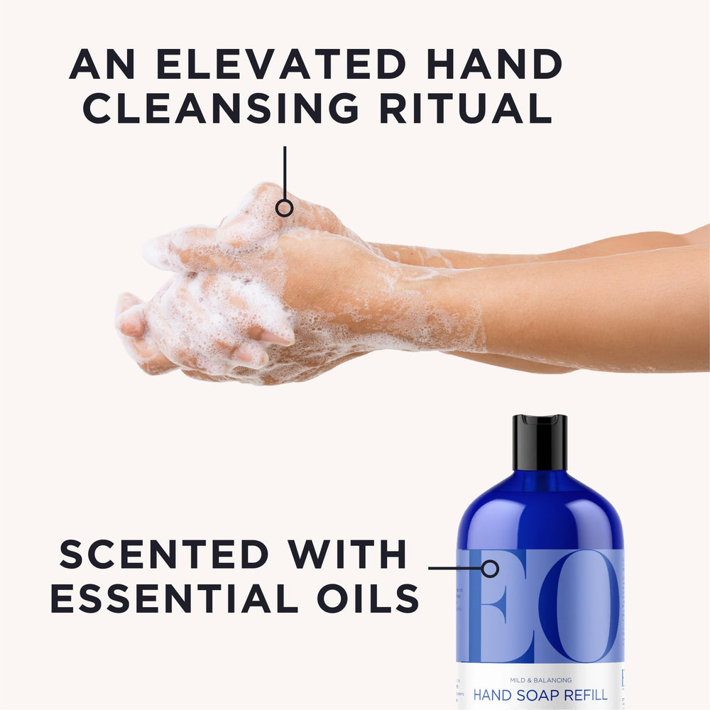 EO French Lavender hand soap pump closeup promoting calming aroma during handwashing