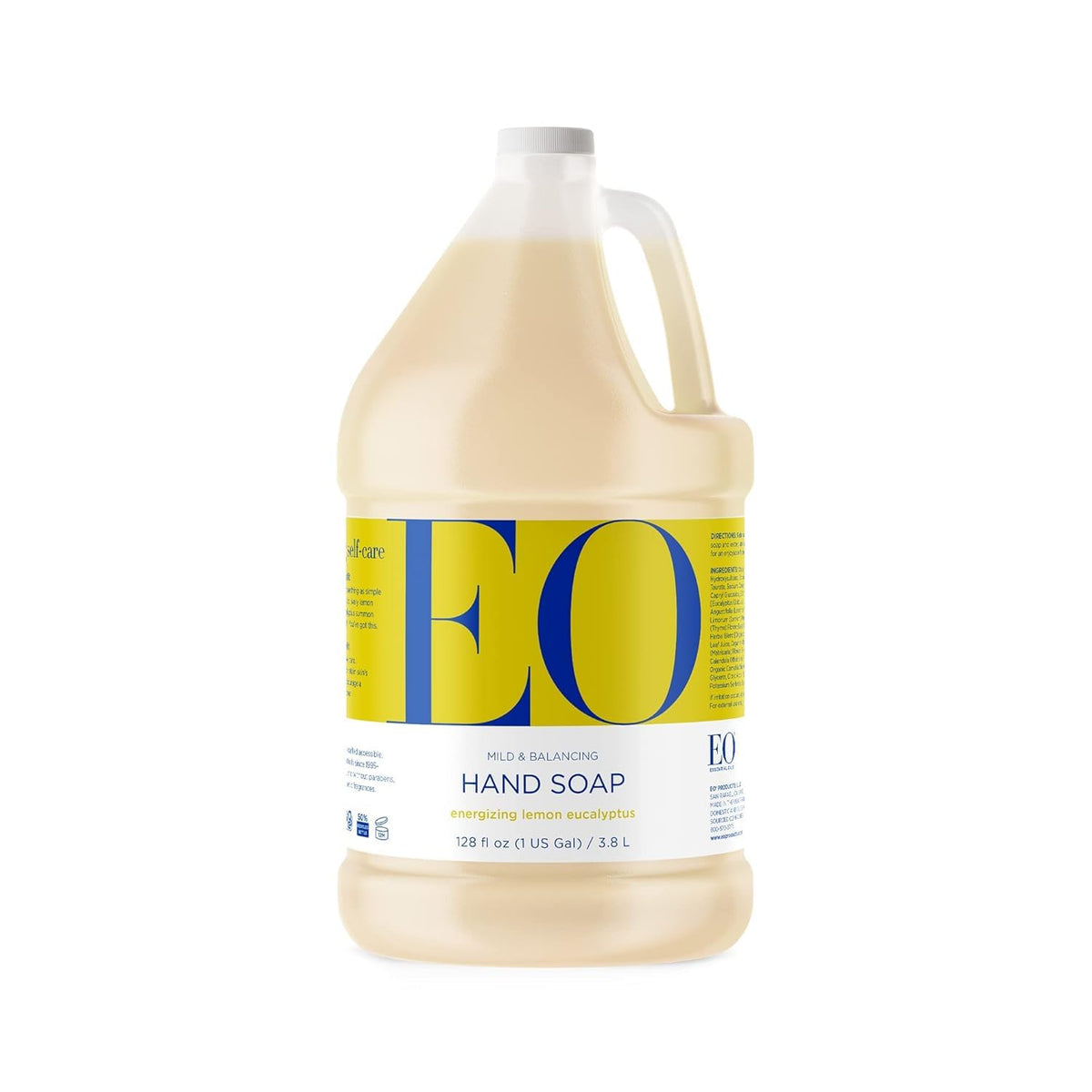 EO Liquid Hand Soap bottle front shows a refreshing lemon-eucalyptus cleanse.