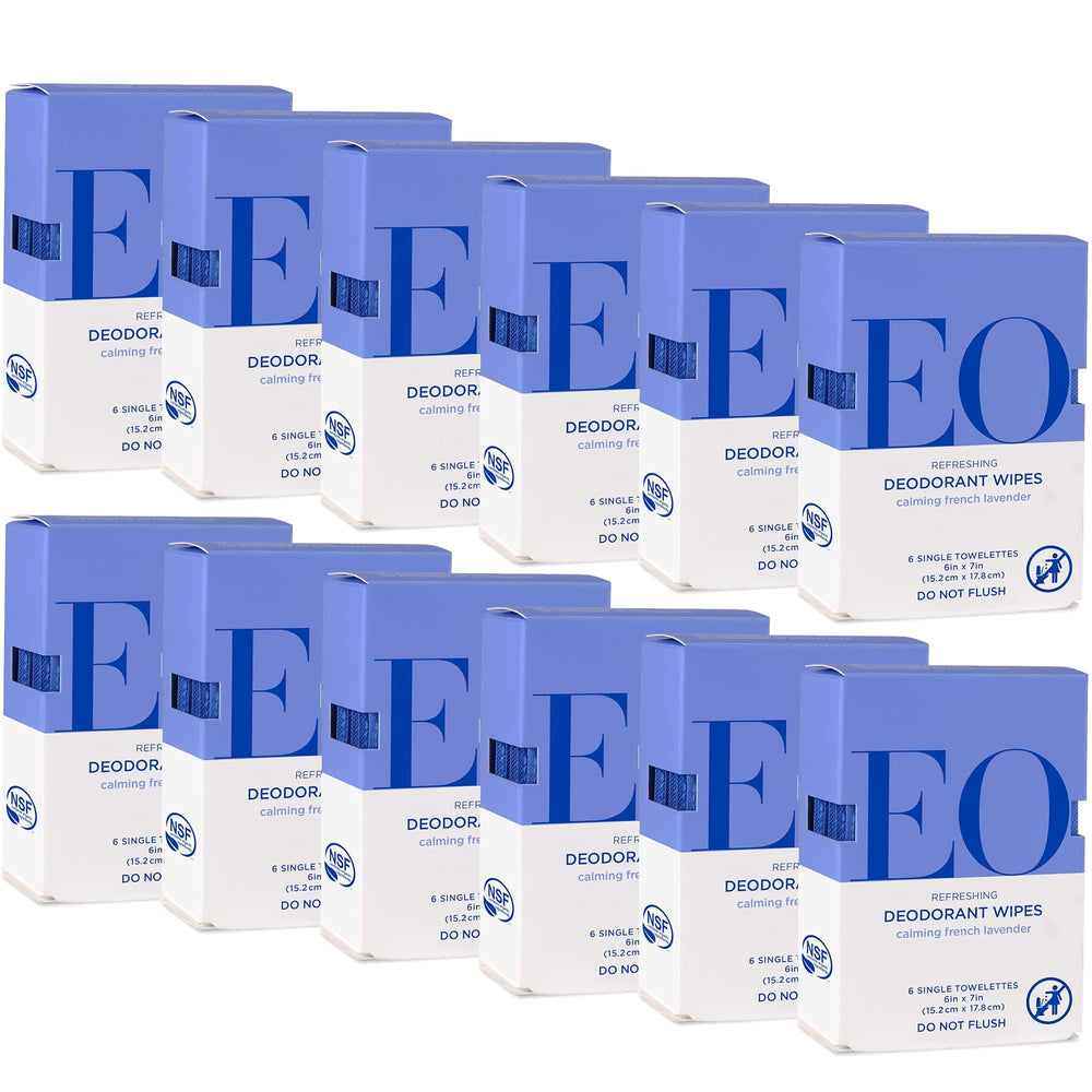 EO natural deodorant wipes French Lavender pack shown for on-the-go freshness.
