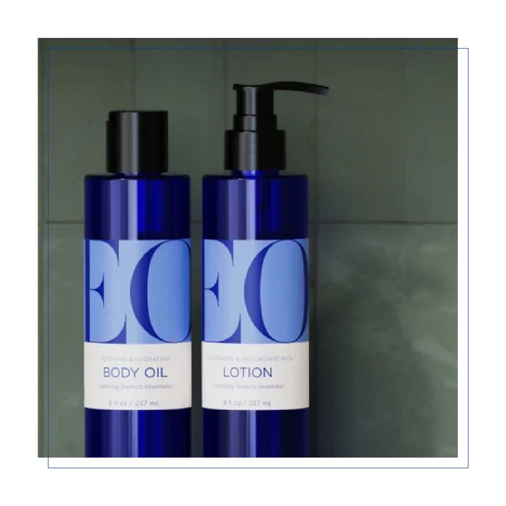 EO lavender scent shown, offering calming aromatherapy during shower.