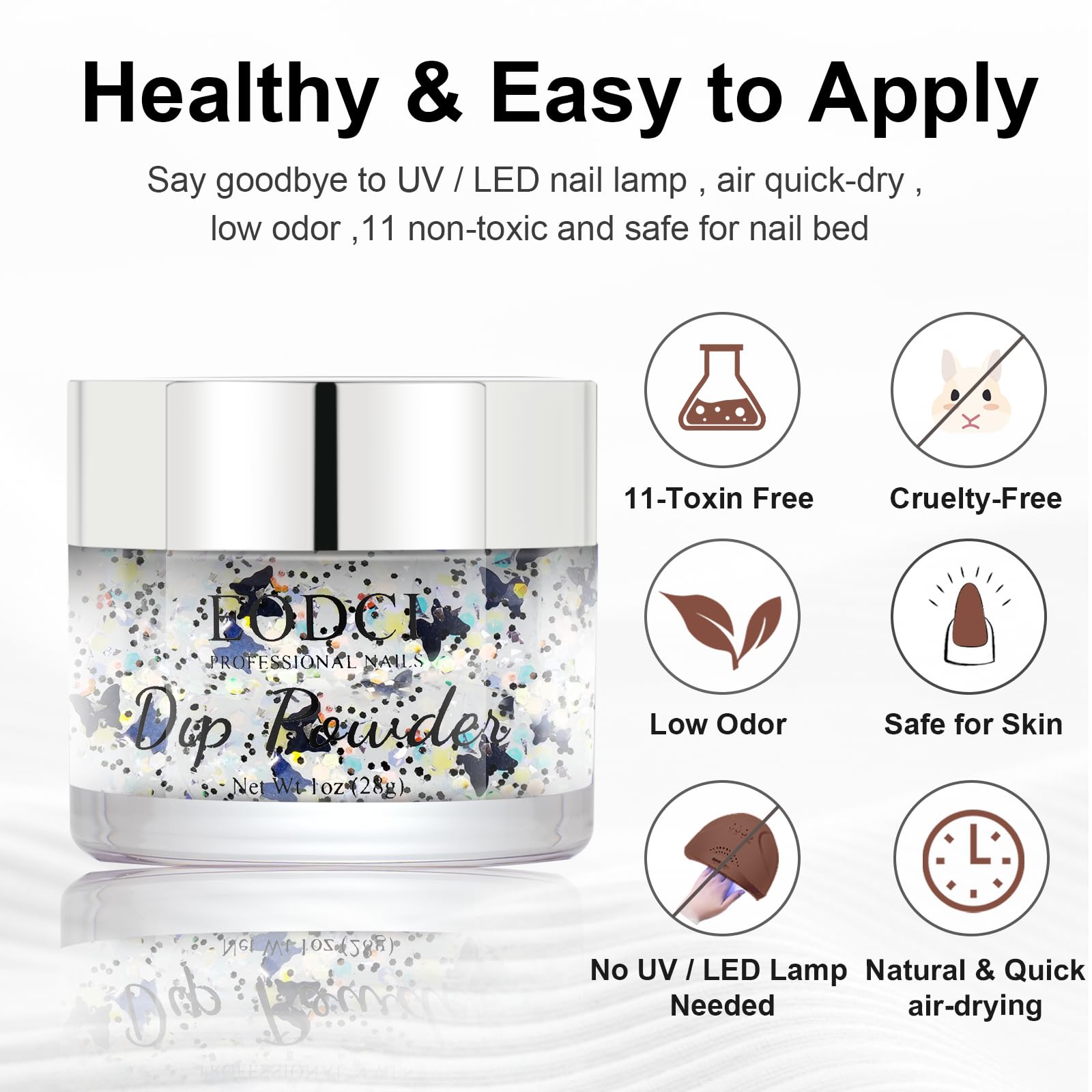 EODCI Butterfly Glitter Silver manicure close-up demonstrates smooth coverage for beginners