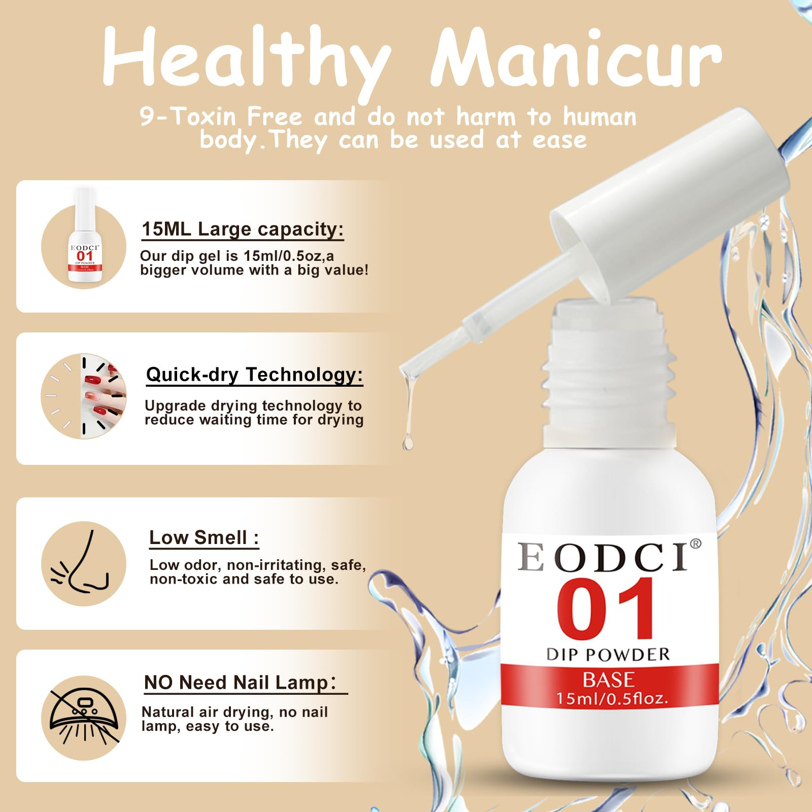 eodci dip liquid bottle close-up shows low-odor, non-toxic formula.