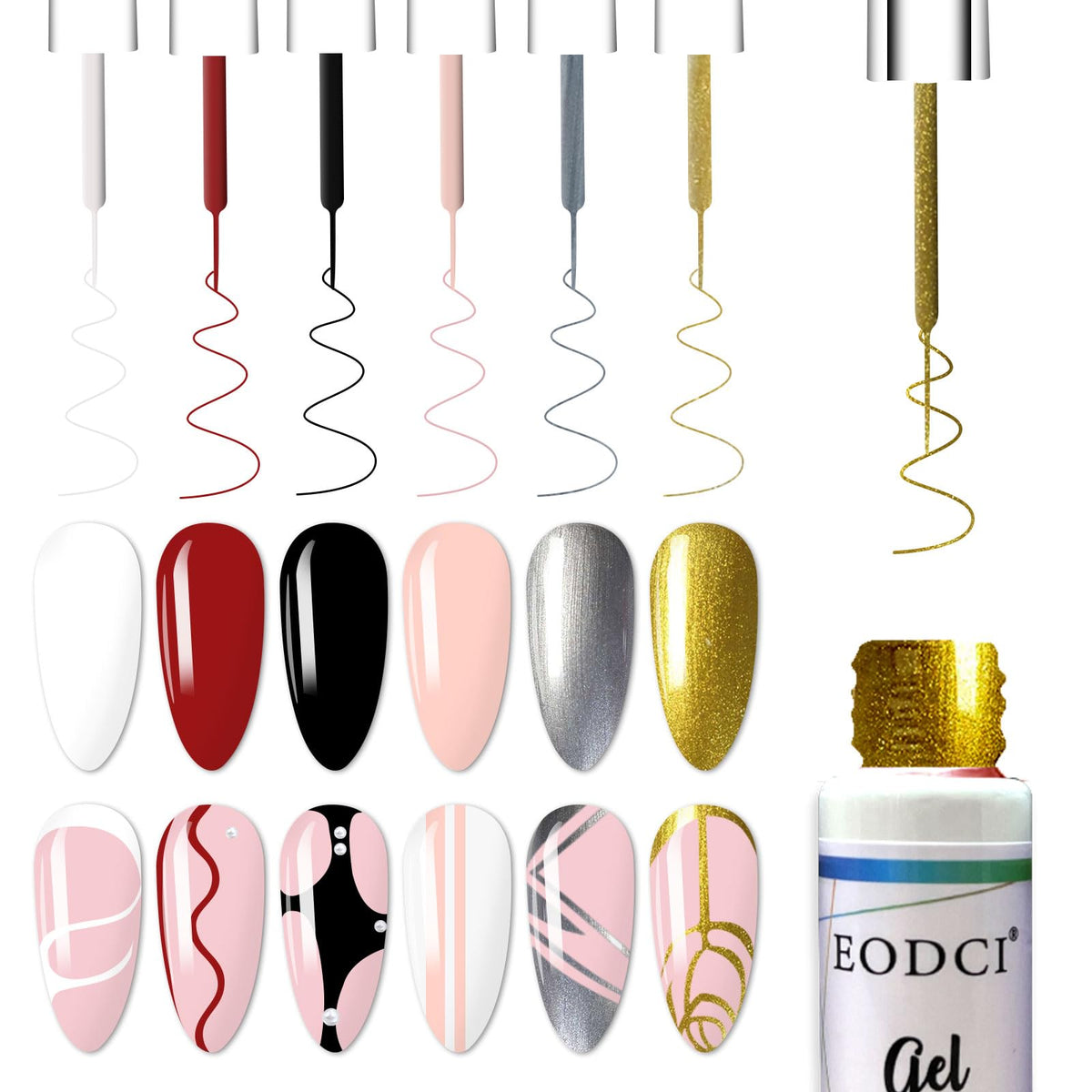 eodci Gel Liner Set black bottle demonstrates bold line work for crisp nail art.