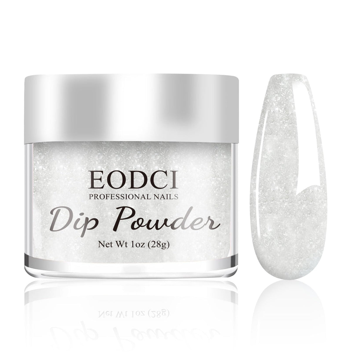 EODCI Glitter White Dip Powder cap close-up shows premium formula for smooth coverage and even color.