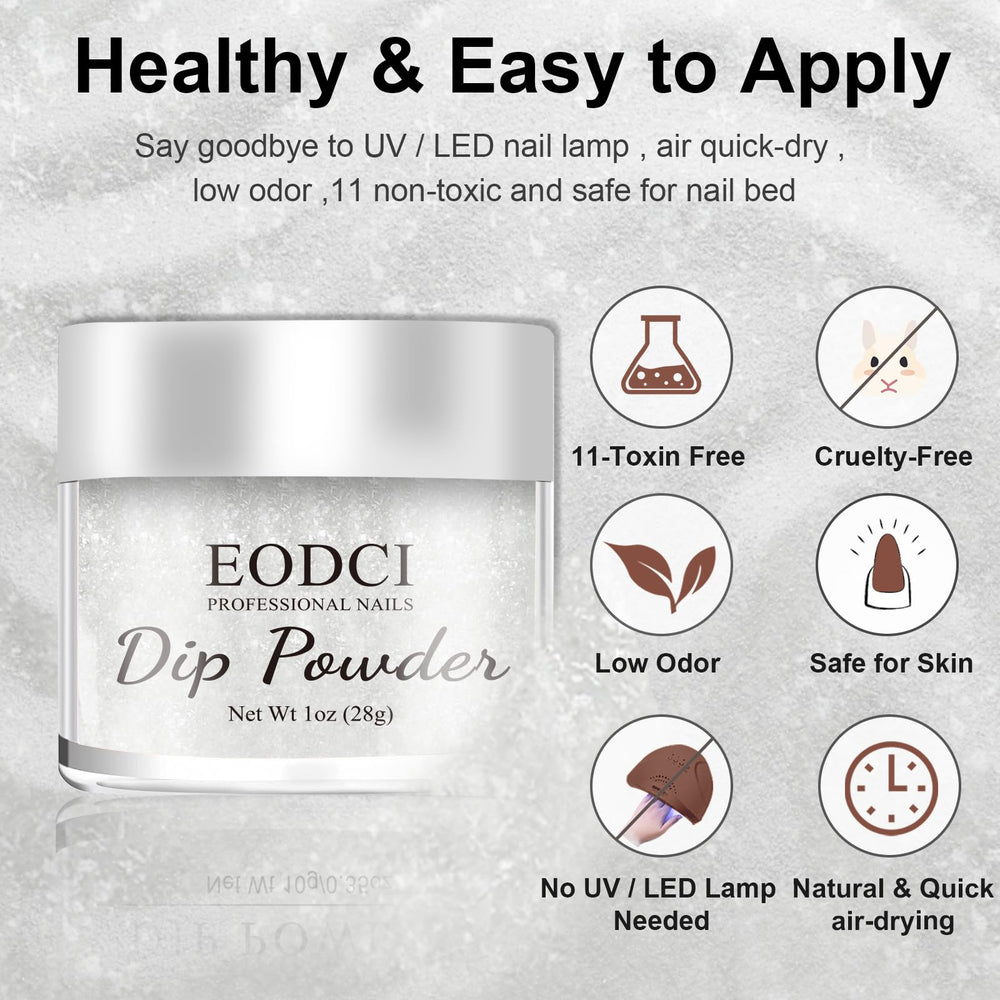 EODCI Glitter White Dip Powder dipping action demonstrates quick-dry convenience without lamp curing.