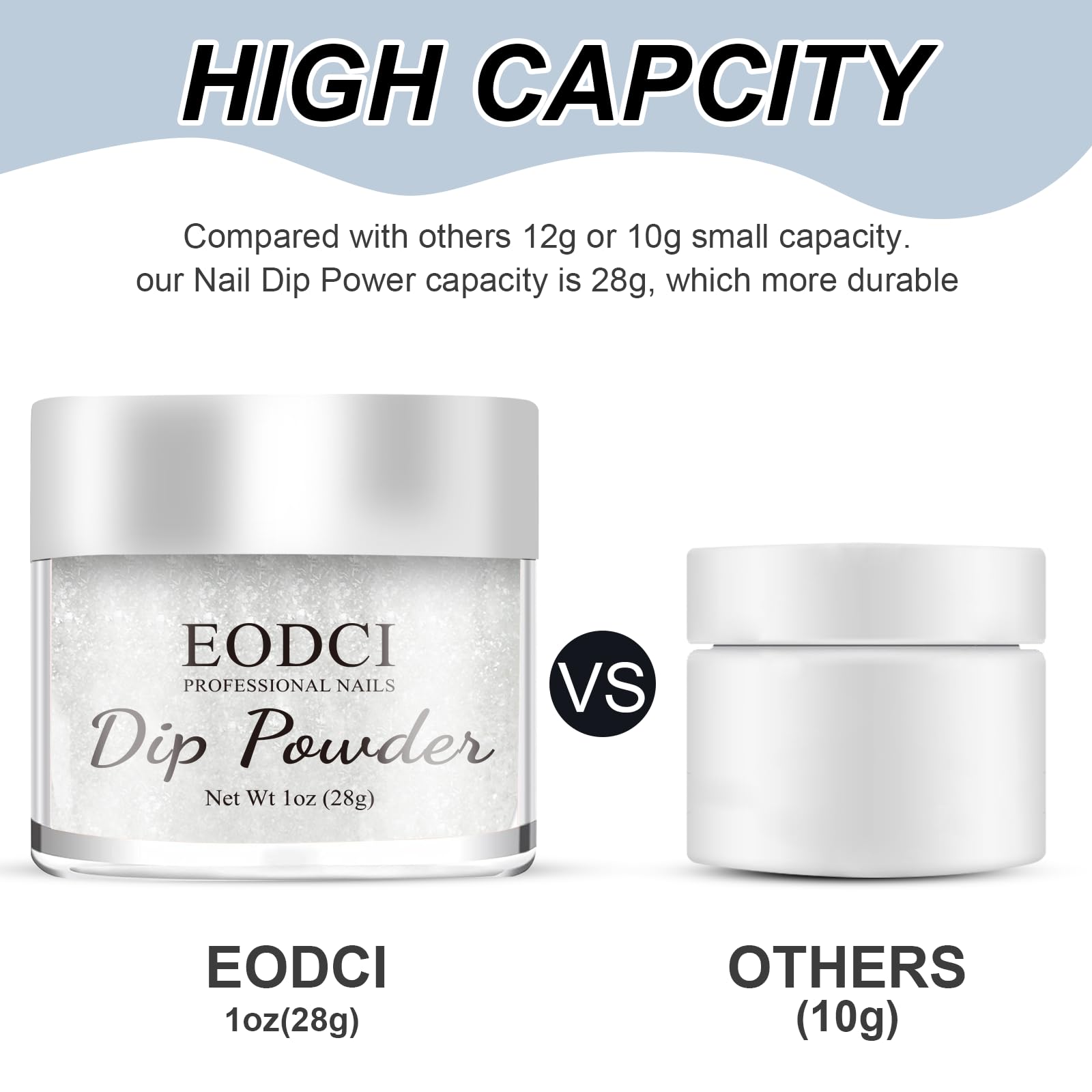 EODCI Glitter White Dip Powder nails swatch reveals sheer-to-buildable coverage for DIY French tips.