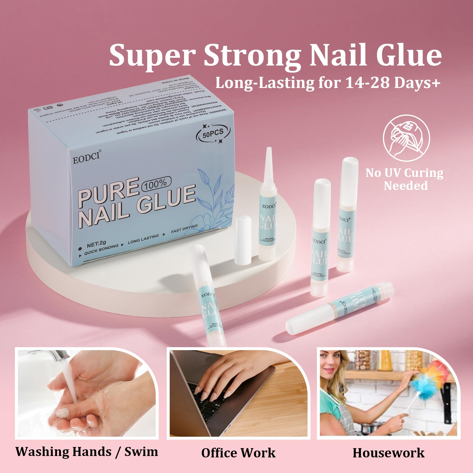 EODCI nail glue 2g tubes close-up shows easy-to-control application.