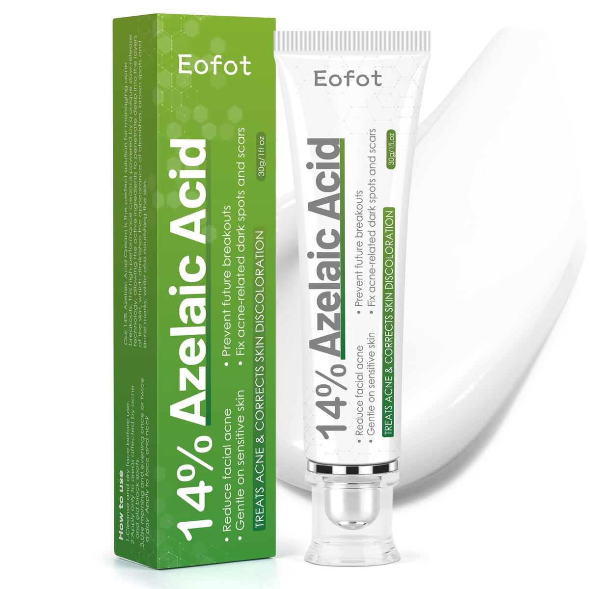 Eofot azelaic acid cream bottle demonstrates pore-clearing formula for a calmer complexion.
