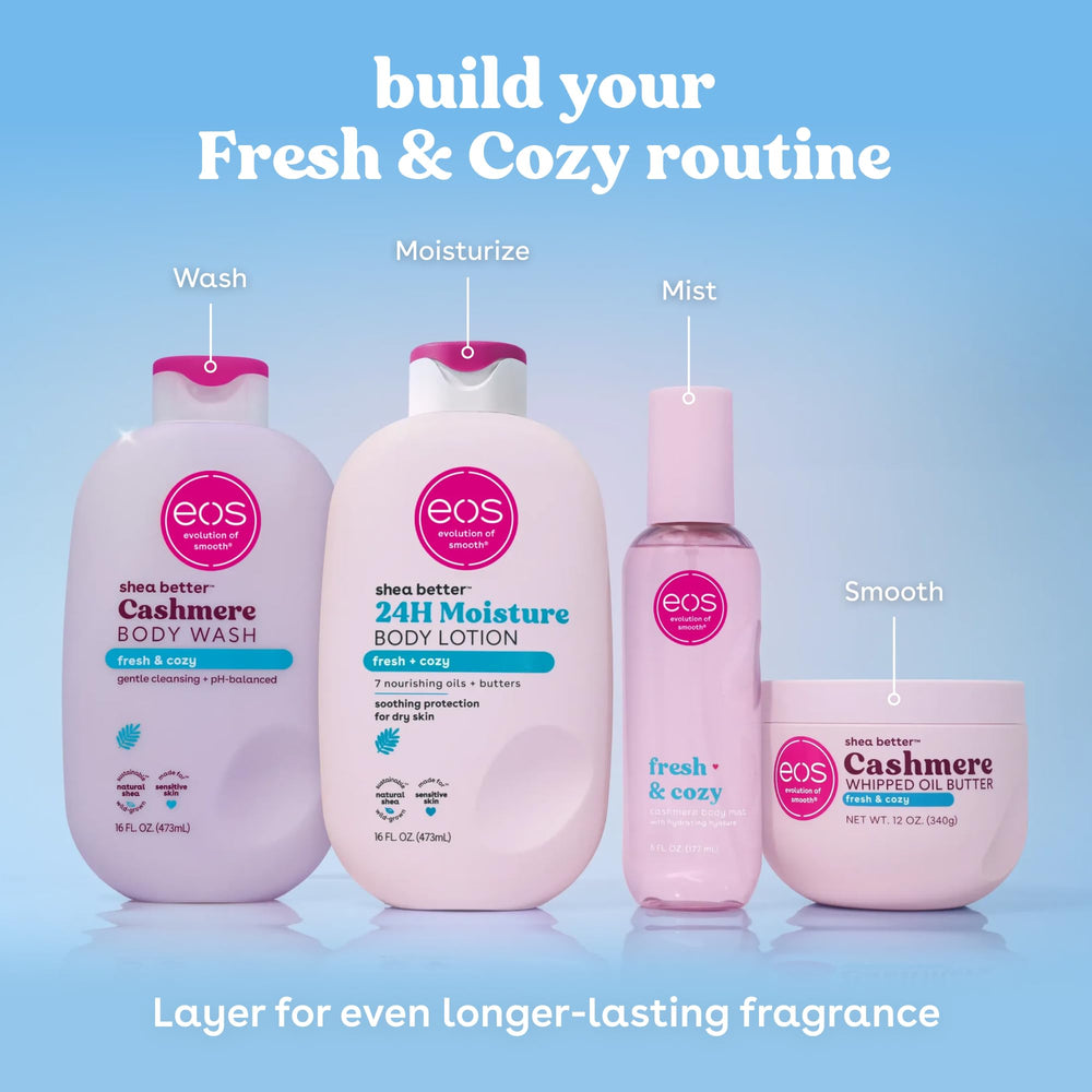 eos product on bathroom shelf styled with towel showing daily routine benefit