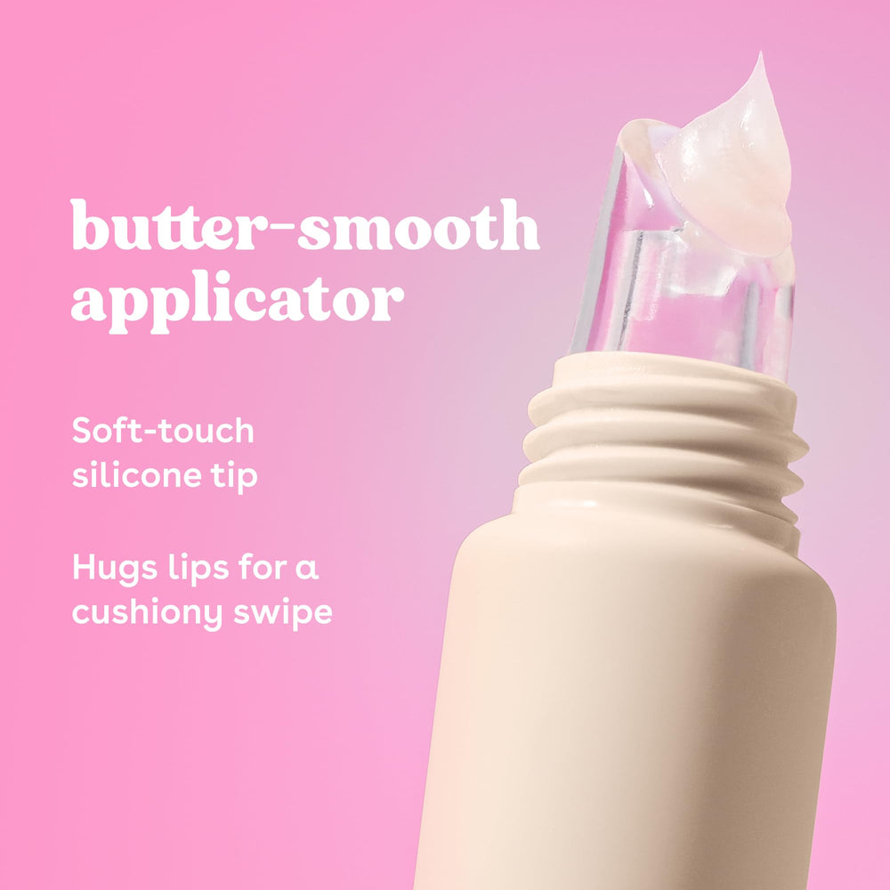 eos swiped on lips demonstrating soft shine and moisturized look