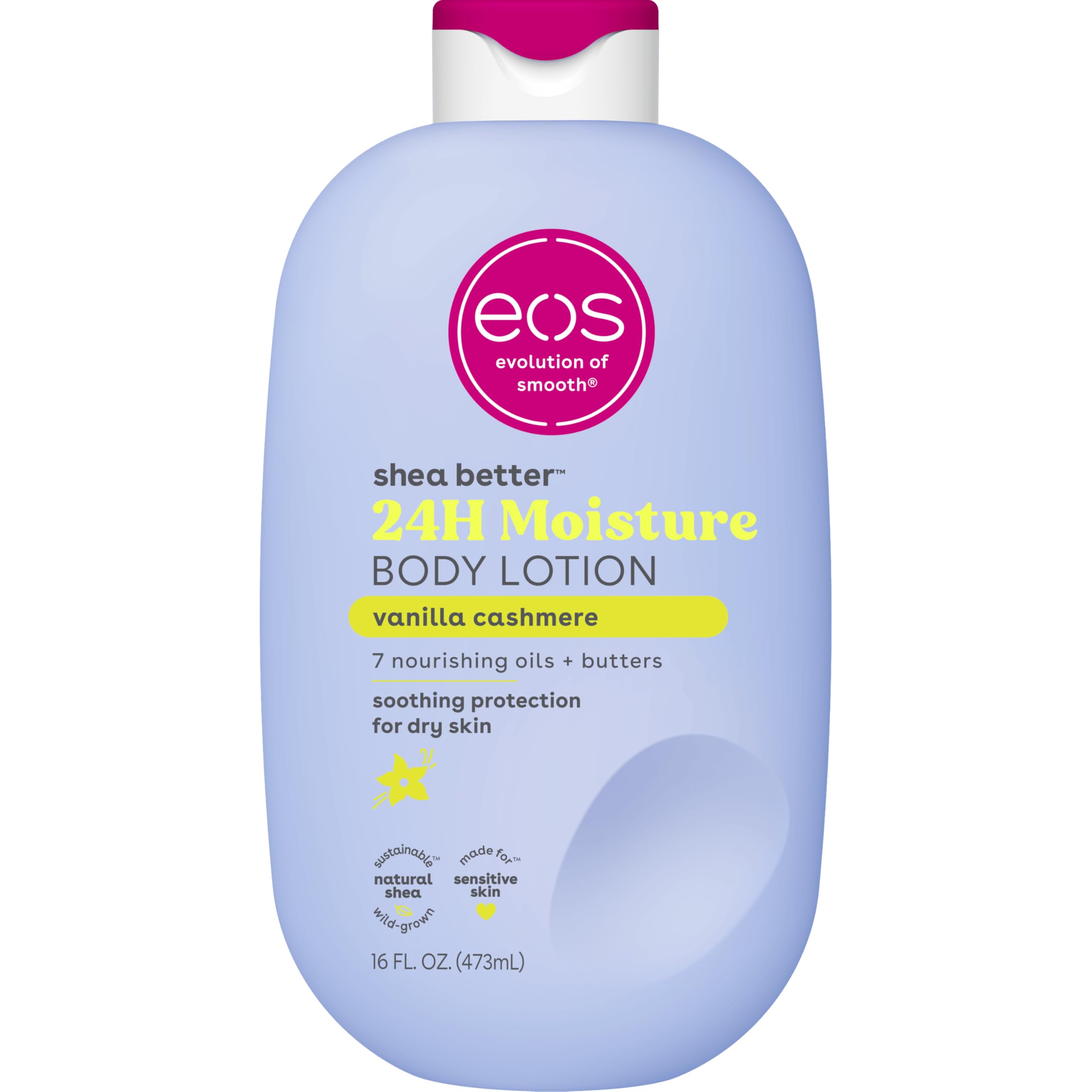 eos bottle front view showing Vanilla Cashmere scent and hydration benefit