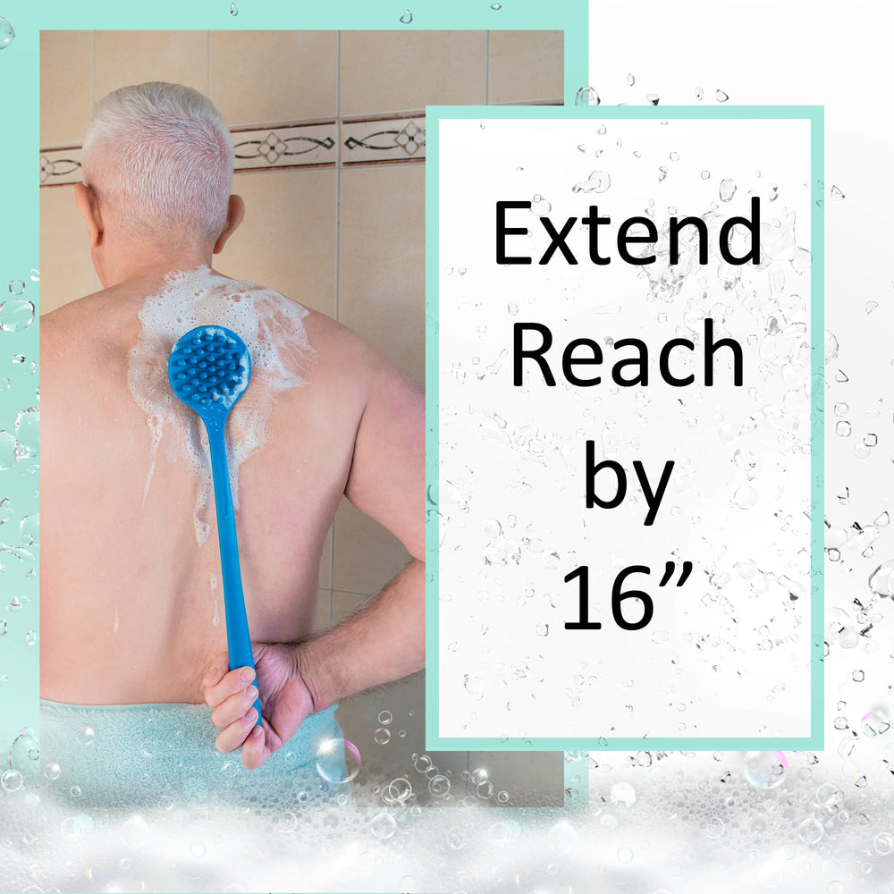 EOT Wellness back scrubbing in shower demonstrates broad, even cleansing