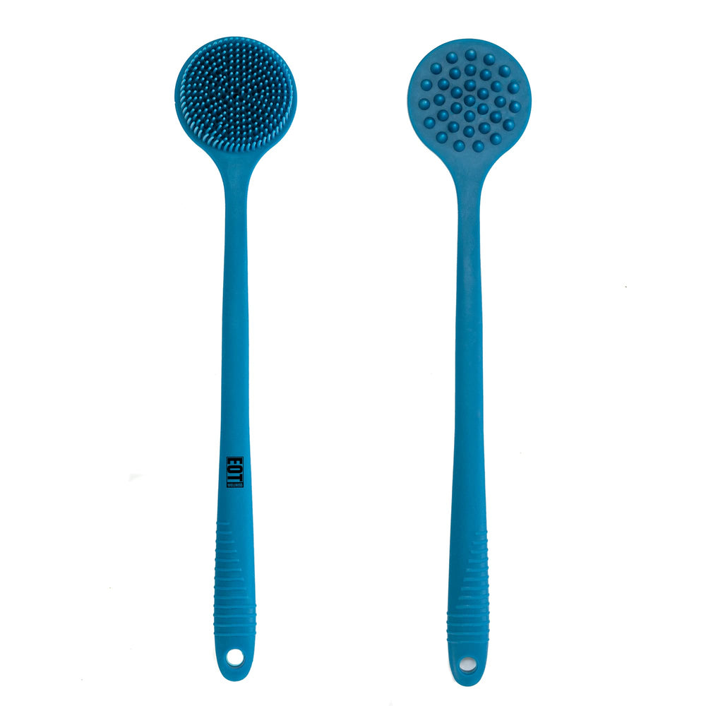 EOT Wellness bendable back brush in blue sapphire for easy back cleaning in shower